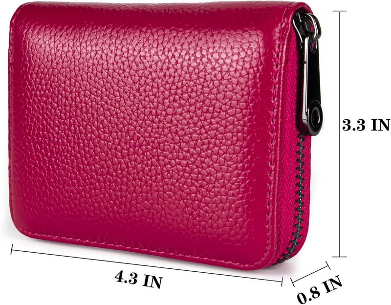 Suweibuke Genuine Leather Credit Card Holder Zipper Wallet RFID Blocking Secure Card Case ID Case Organizer (Rose Red) - Image 3